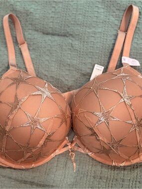 Victoria's Secret Metallic Star Embroidered Nude Peach Bra